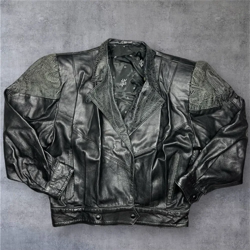 Vera Pelle Women’s Italian Leather Jacket US 10 Black Croc